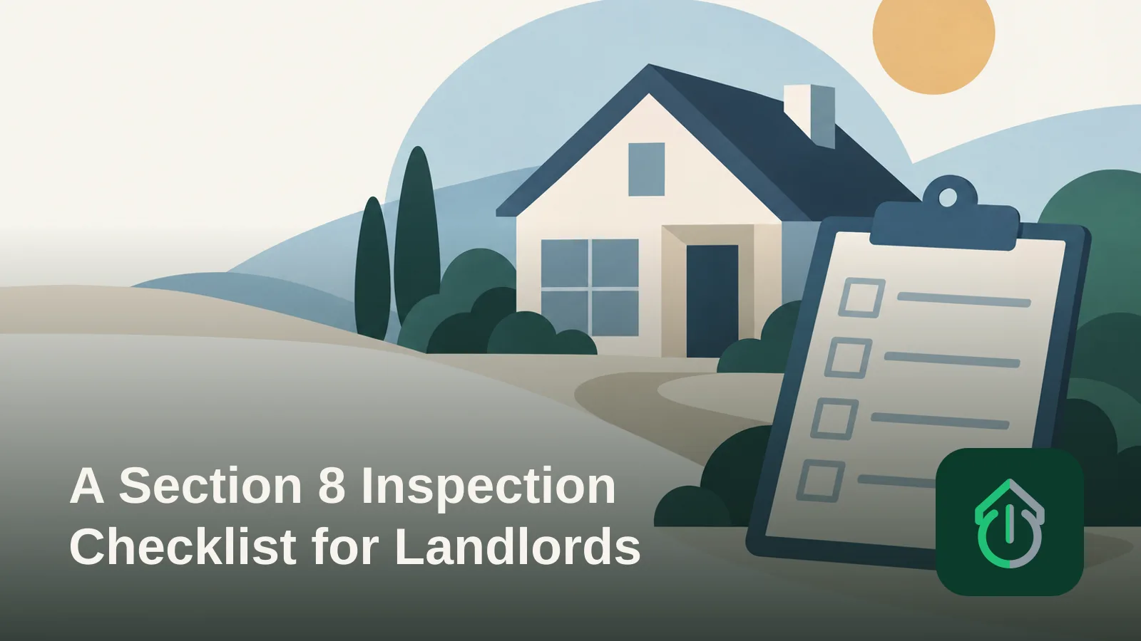 Abstract illustration of a clipboard checklist beside a simple house shape, representing a rental inspection.