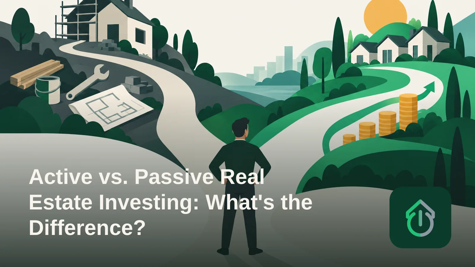 Abstract illustration showing two diverging paths, one hands-on with tools and one smooth and automated, representing active versus passive investing.