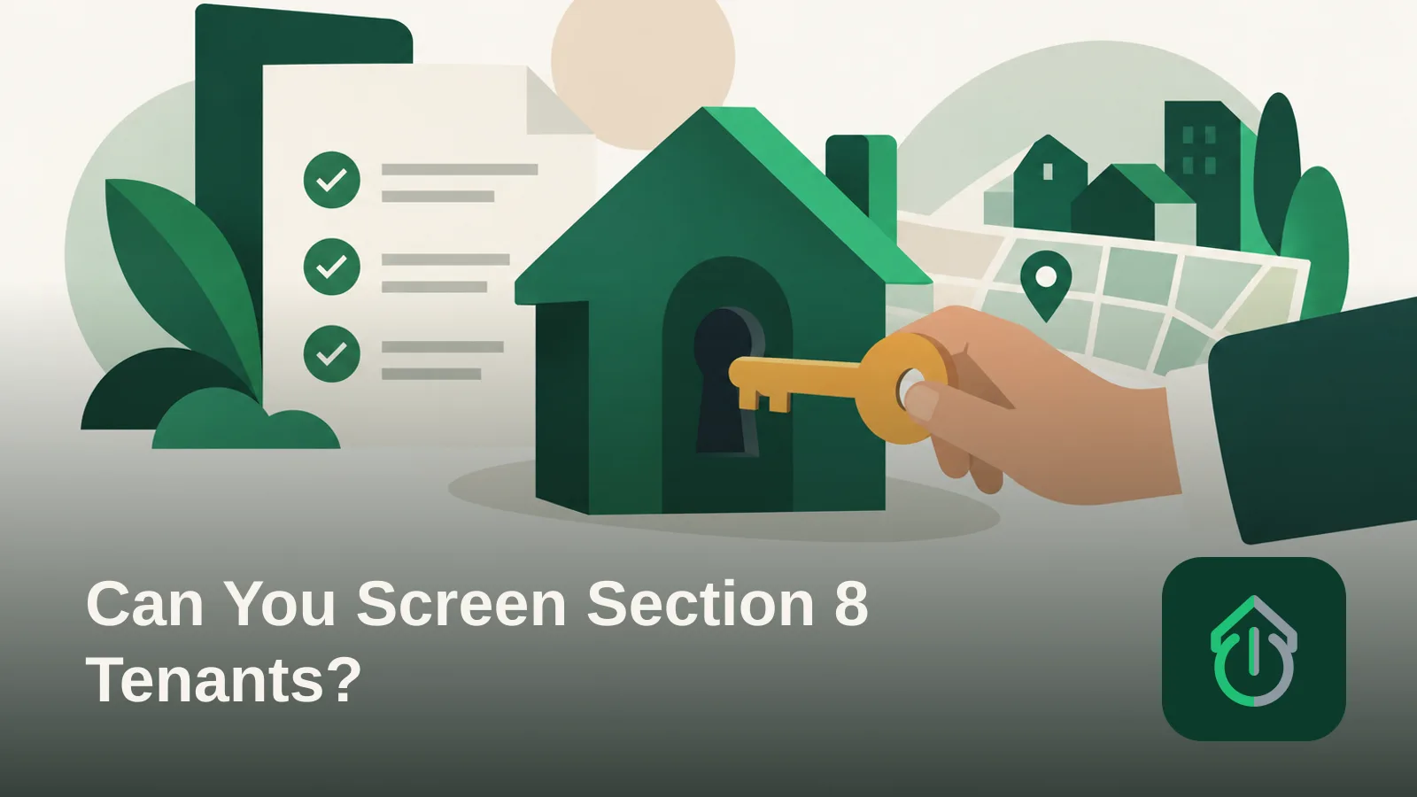 Abstract illustration of a key and a house-shaped lock surrounded by soft geometric paper shapes, symbolizing tenant screening and approval.
