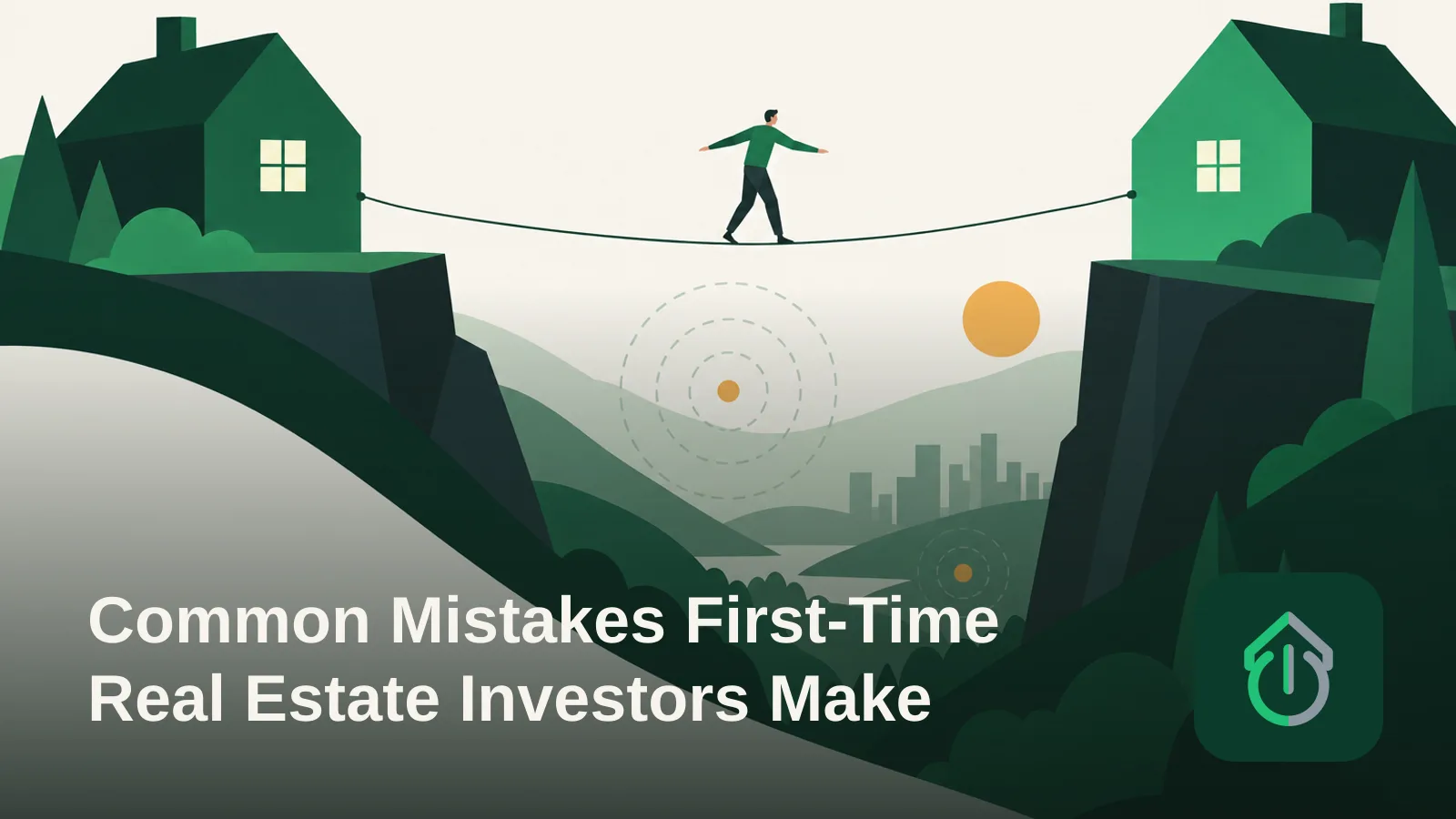 Abstract illustration of a small figure balancing on a tightrope between two large house shapes, symbolizing the risks first-time real estate investors navigate.