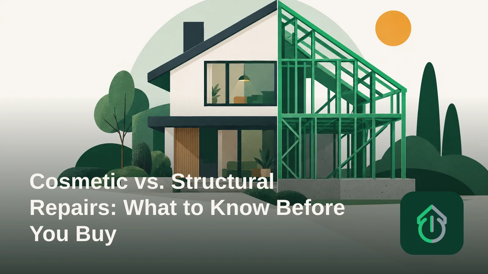 Abstract illustration of a house divided between a finished, decorative side and an exposed structural framework side.