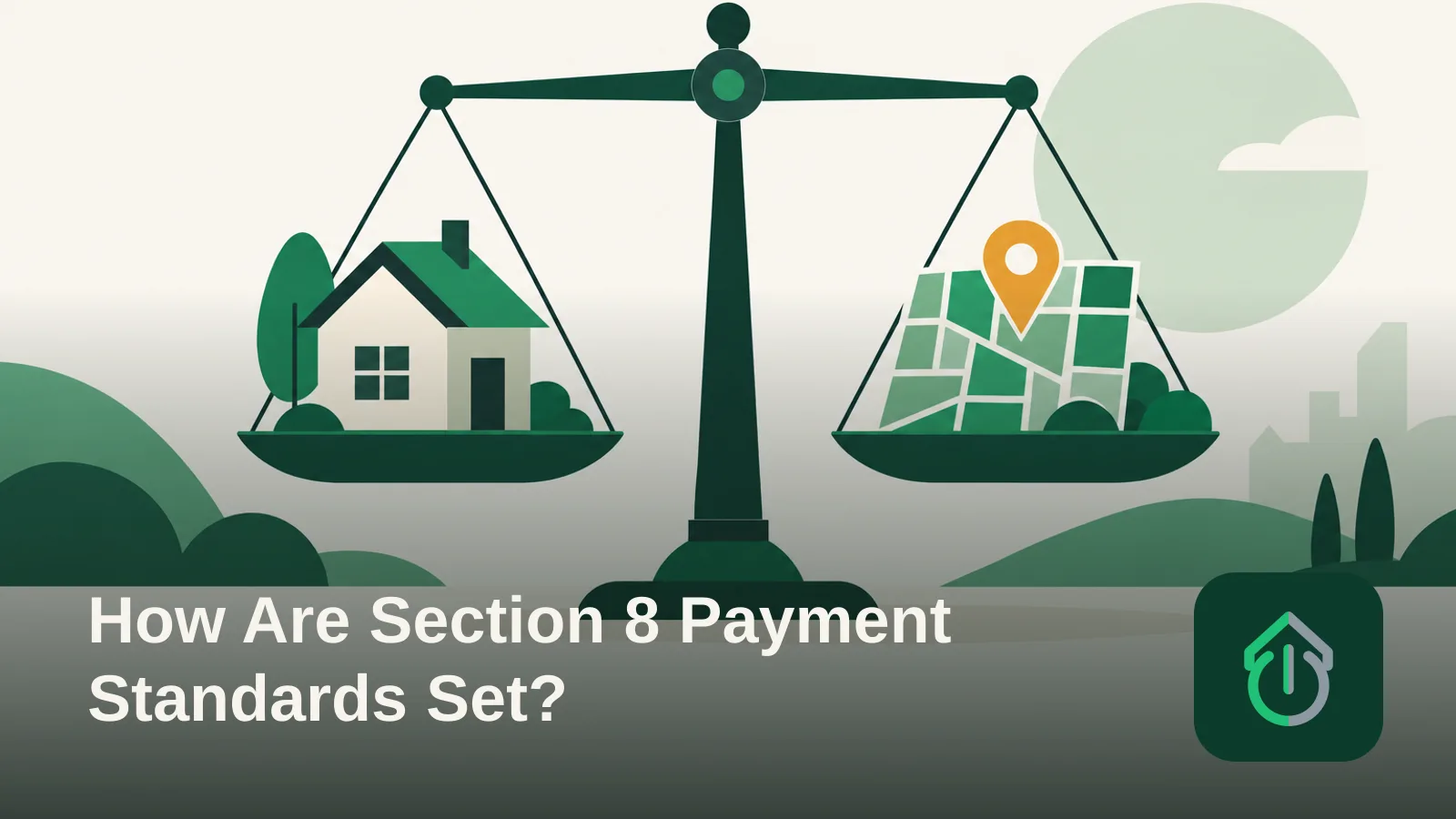 Abstract illustration of a balance scale weighing a house shape against a map grid, representing how local and federal factors set a rent standard.
