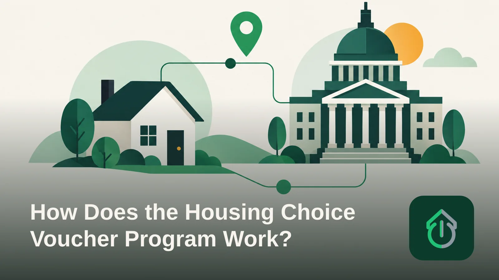 Abstract illustration showing a small house linked by simple lines to a stylized government building, representing a housing assistance partnership.