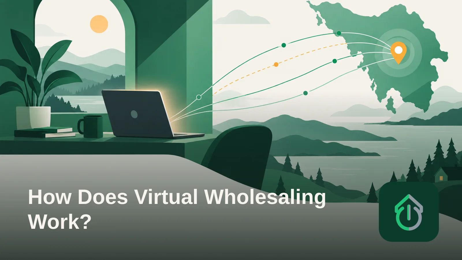 Abstract illustration of a laptop connected by flowing lines to a distant map shape, representing remote real estate work.