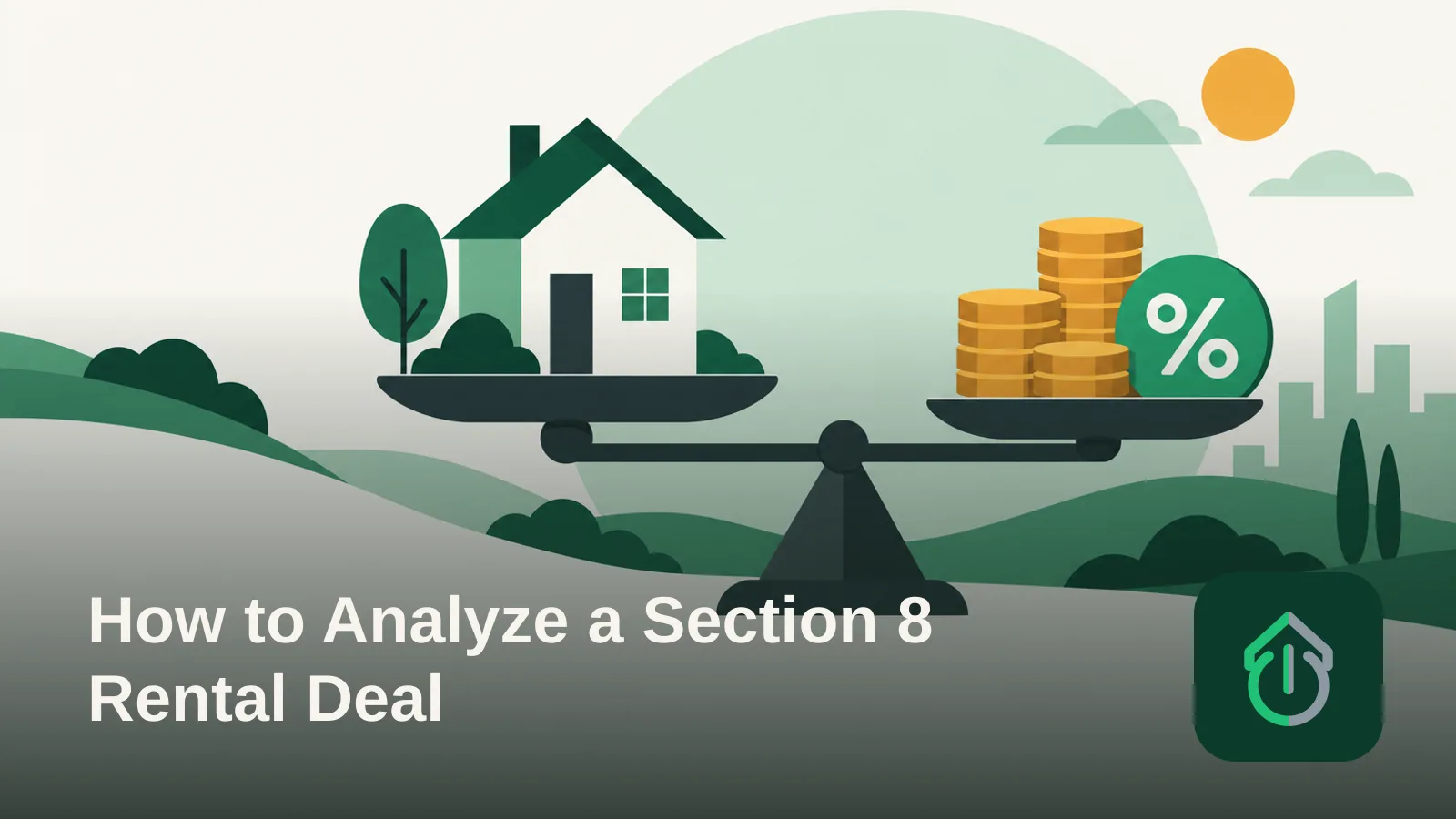 Abstract illustration of a house balanced on a scale with coins and percentage symbols, representing rental deal analysis.