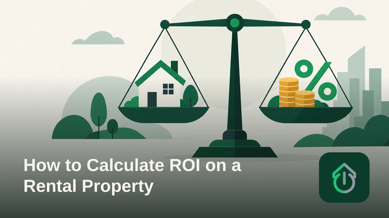 Abstract illustration of balanced scales weighing a house shape against stacked coin shapes, representing rental property return on investment.