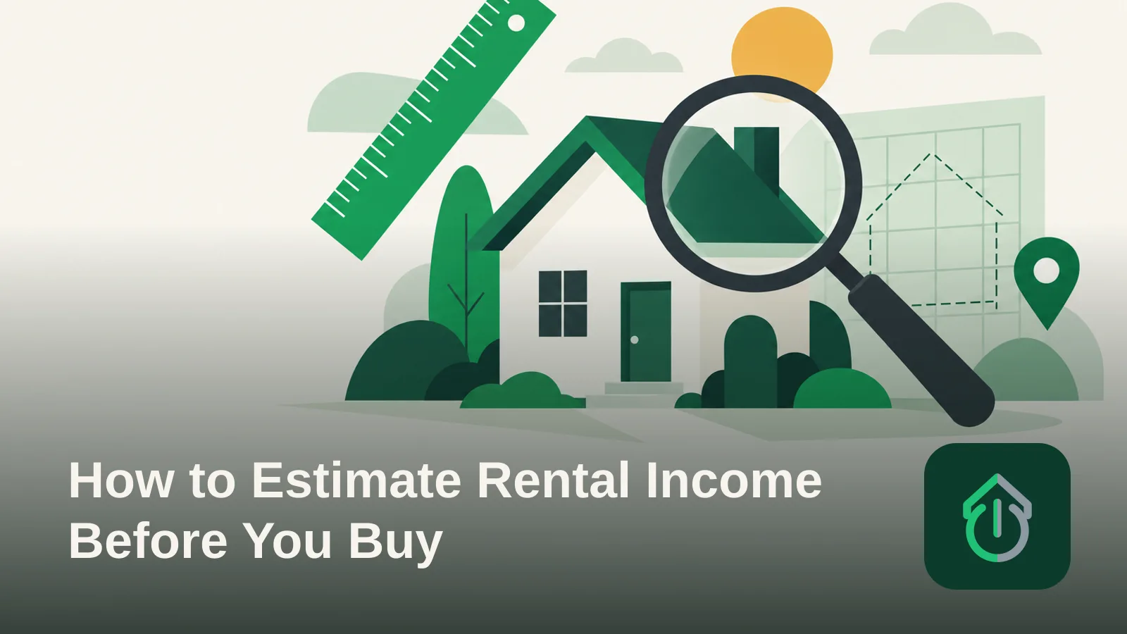 Abstract illustration of a house with measuring tools around it representing careful rental income estimation.