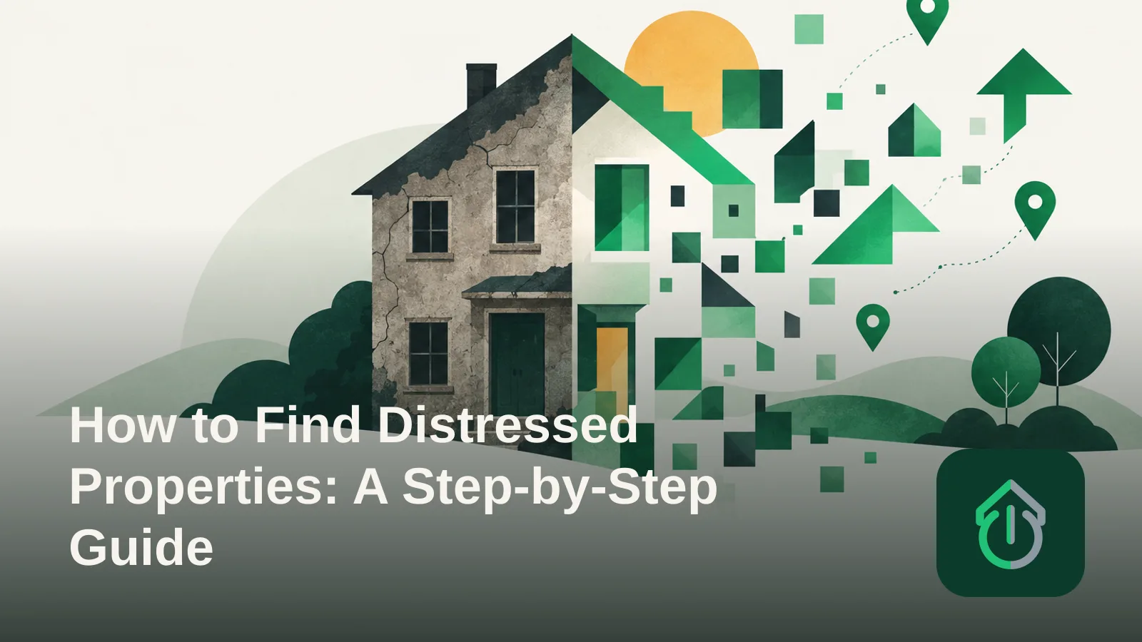 Abstract illustration of a worn house outline surrounded by floating shapes suggesting a search and renovation process.