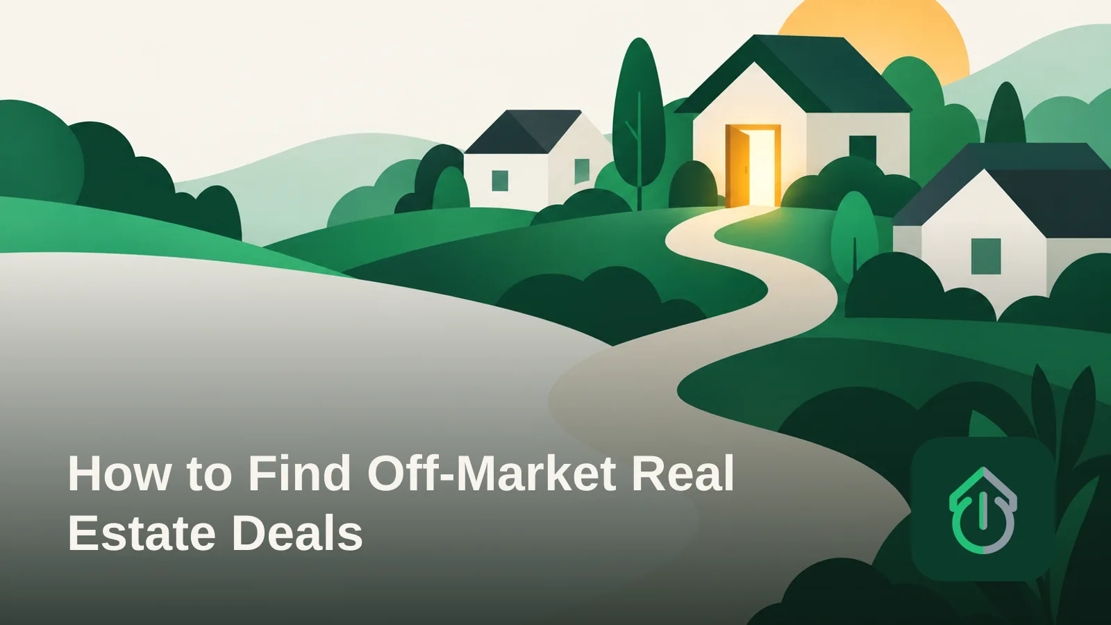 Abstract illustration of a path winding through simplified house shapes toward a glowing doorway, symbolizing the search for off-market real estate deals.