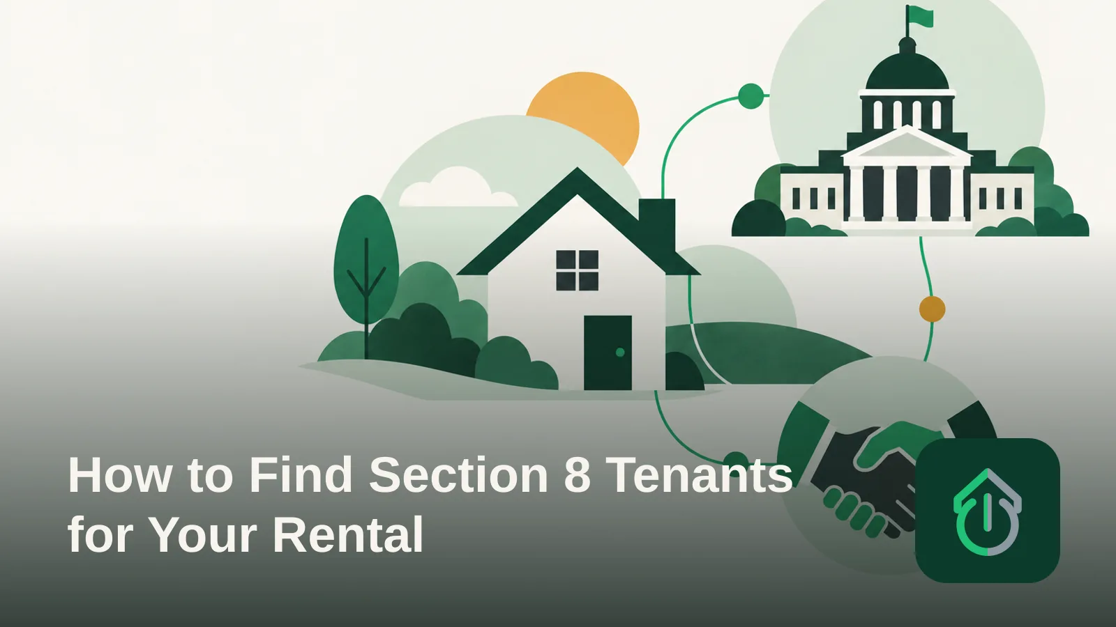 Abstract illustration showing a house connected to a government building and a handshake, representing the Section 8 tenant placement process.'