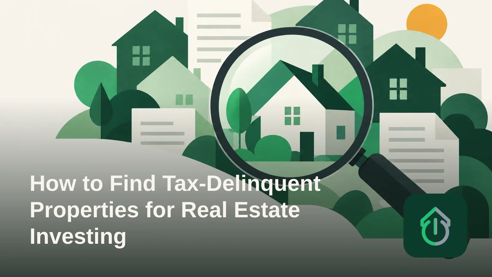 Abstract illustration of a magnifying glass over a grid of house shapes and documents representing a search through property records.