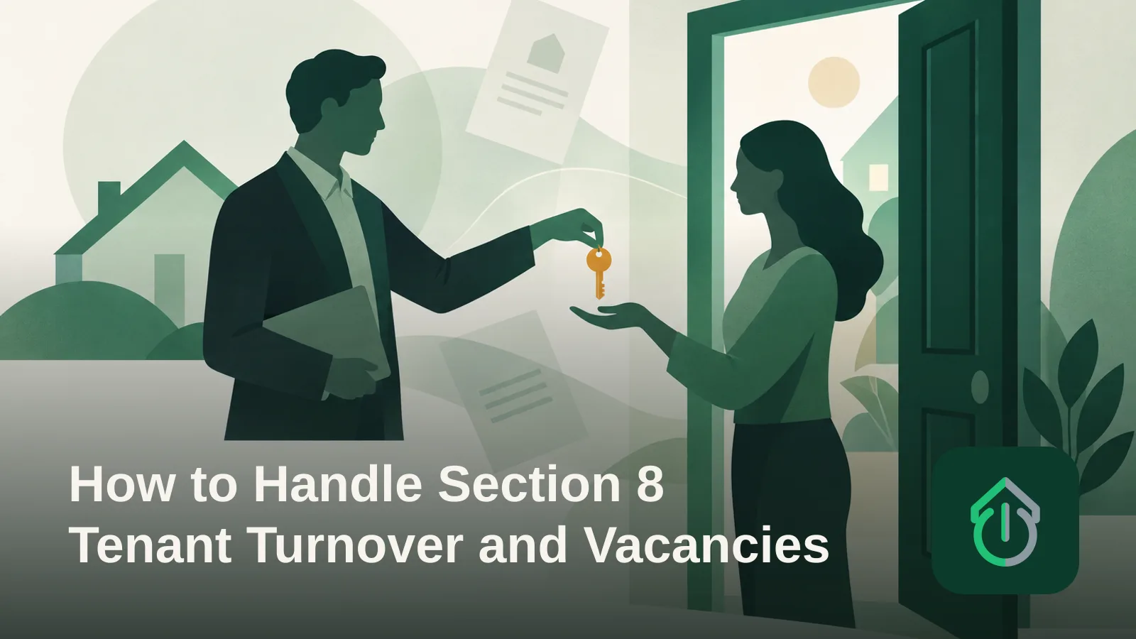 Abstract illustration of a doorway and a key changing hands, symbolizing a rental unit transitioning between tenants.'