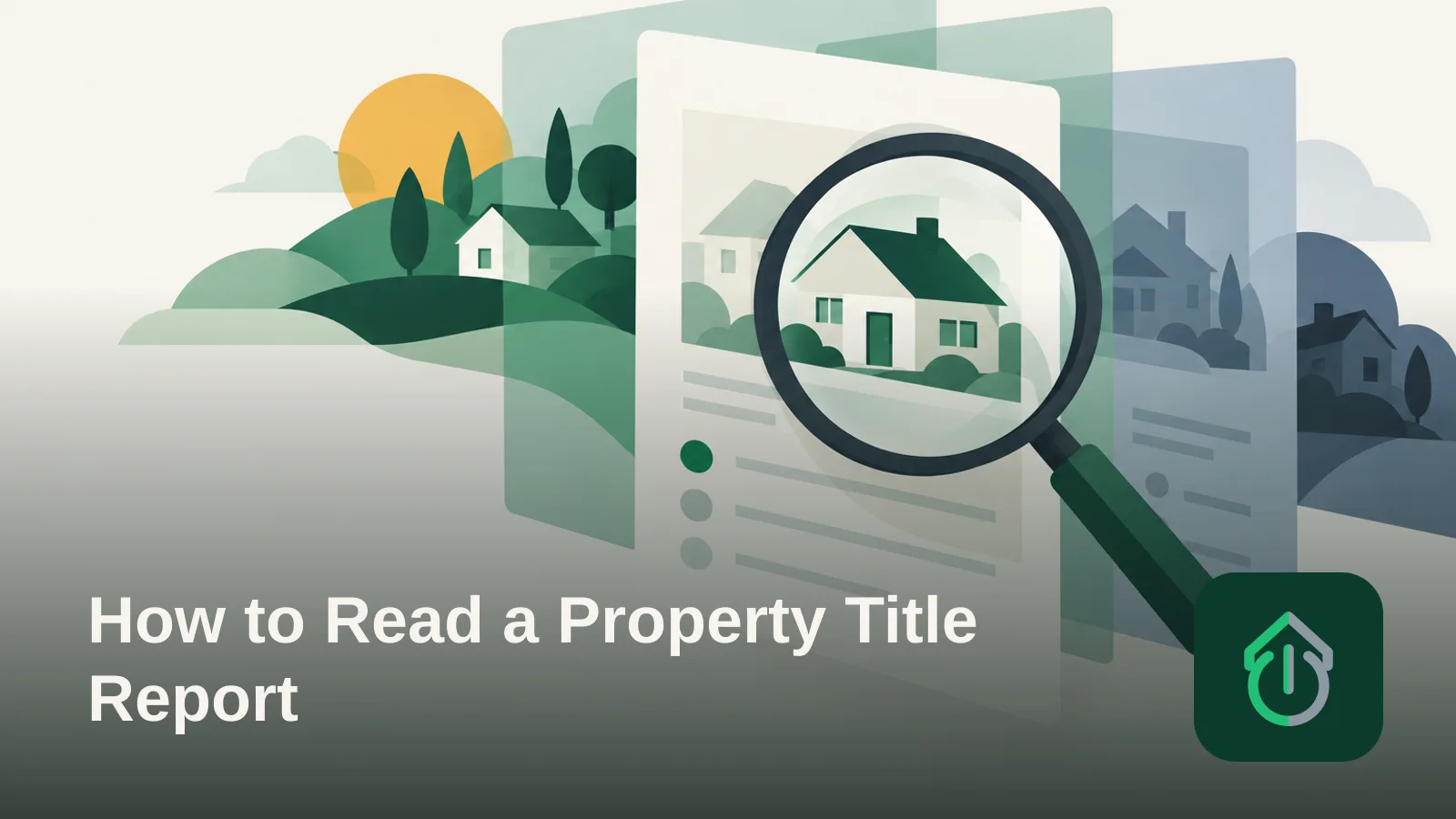 Abstract illustration of layered translucent documents with a magnifying glass, symbolizing careful review of a property title report.