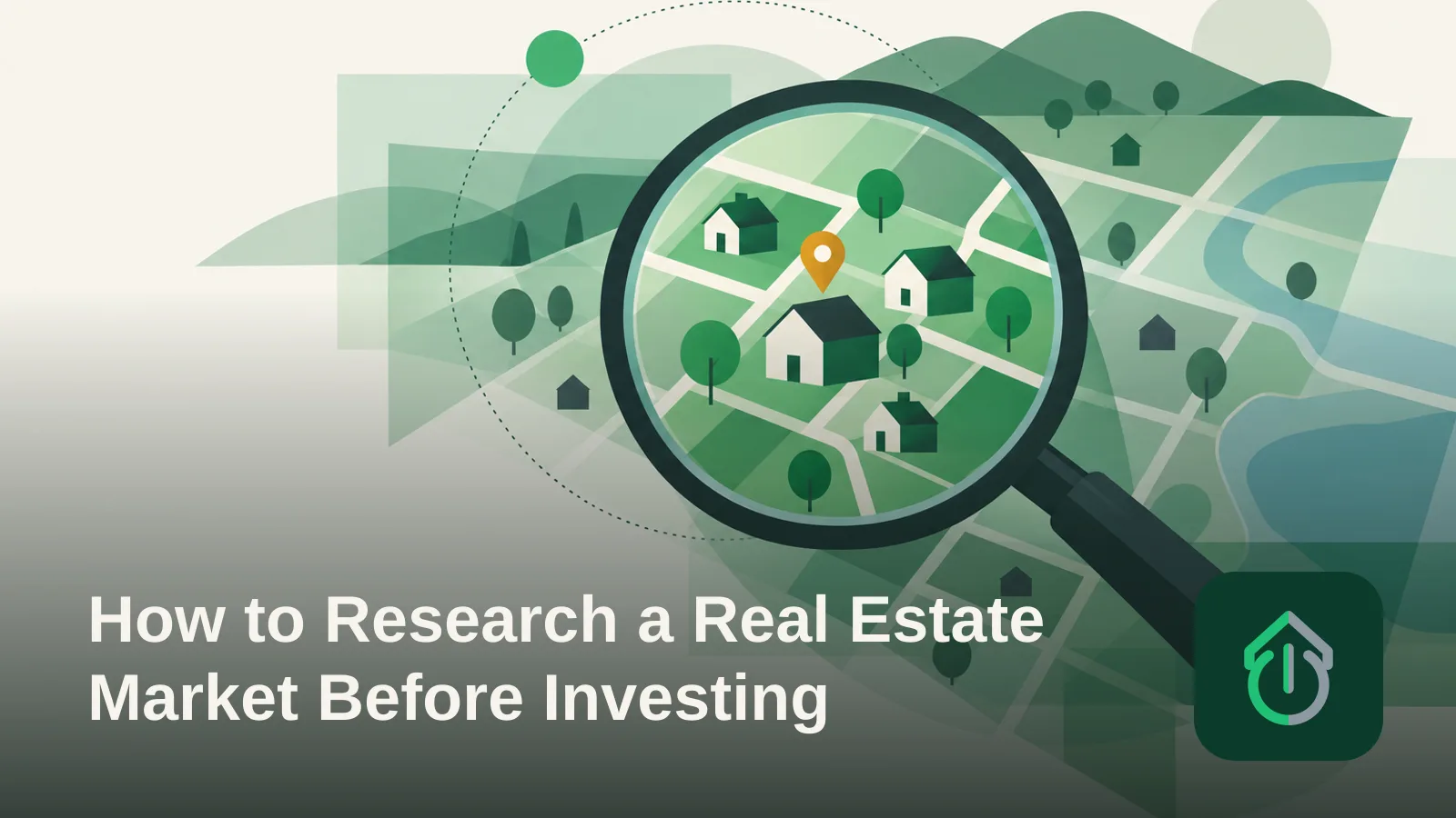 Abstract illustration of a magnifying glass over a layered, translucent map shape representing market research.