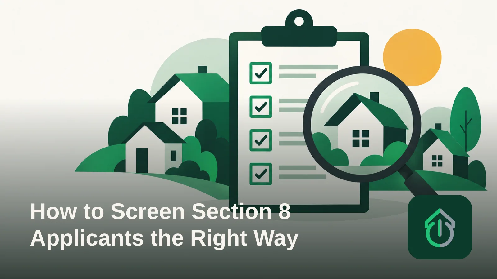 Abstract illustration of a checklist and magnifying glass next to simple house shapes, representing tenant screening.