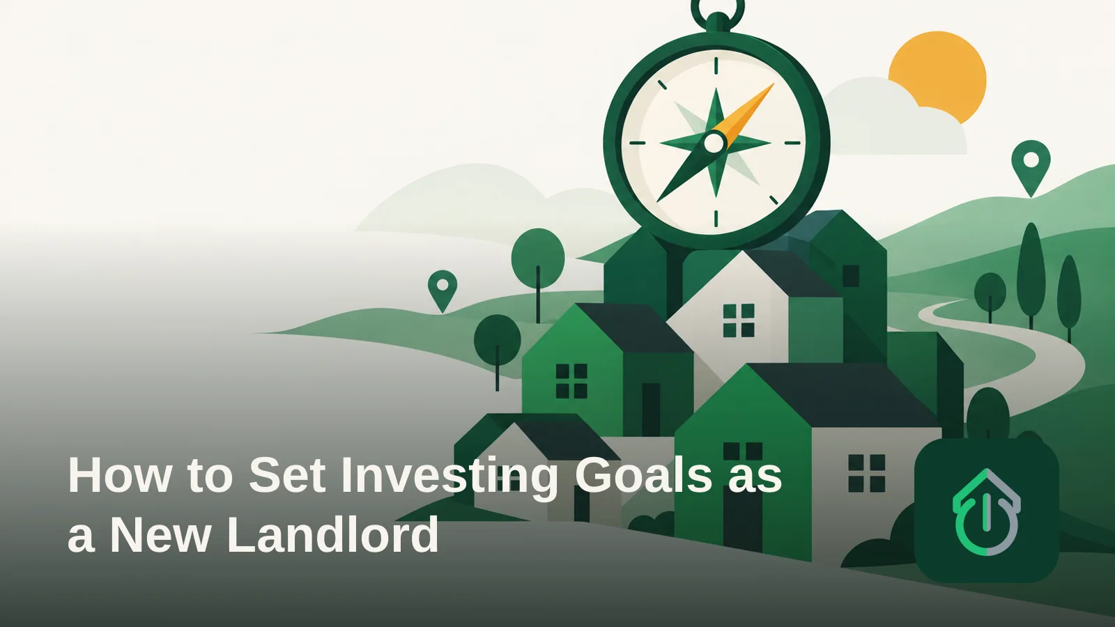 Abstract illustration of a compass resting on stacked geometric house shapes representing goal-setting in real estate.