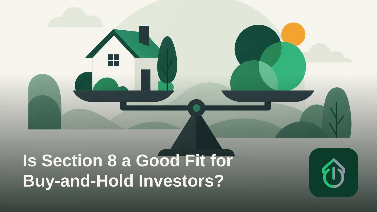 Abstract illustration of a house balanced on a scale beside overlapping circular shapes, representing weighing trade-offs in rental investing.