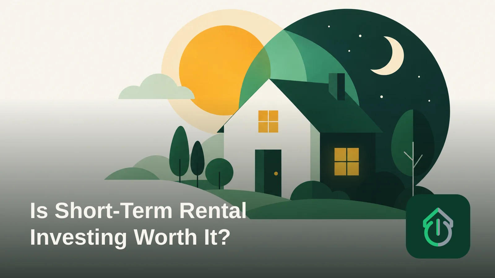 Abstract illustration of a house shape blended with sun and moon forms representing short-term rental turnover.
