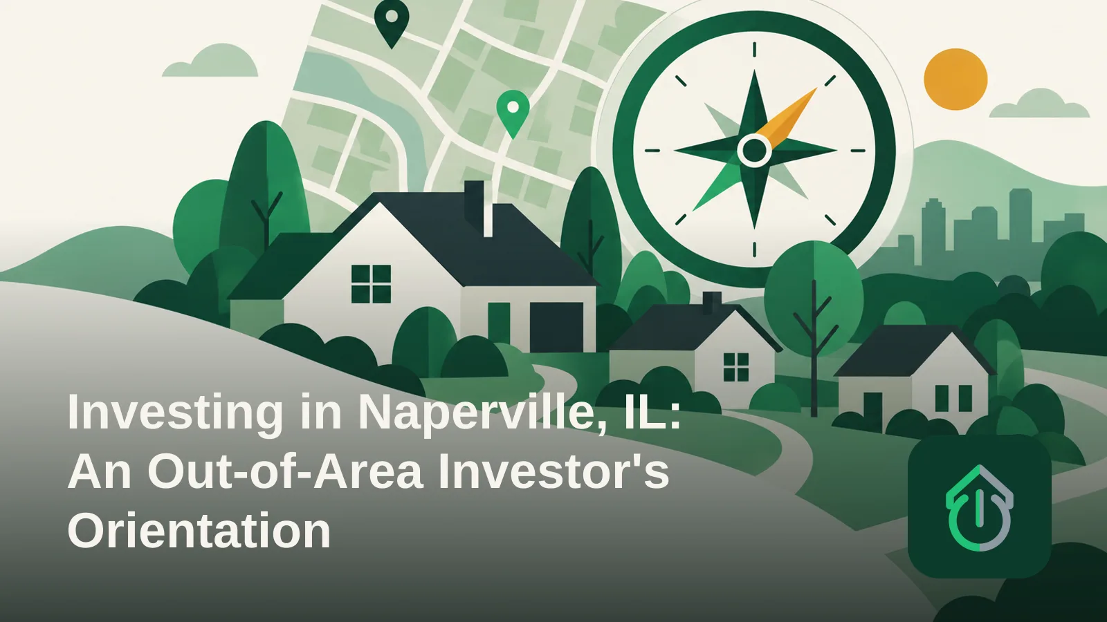 Abstract illustration of a suburban map with a compass and simple house shapes representing market research for real estate investors.