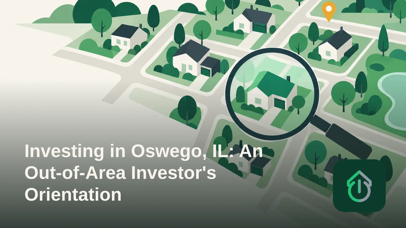 Abstract illustration of a suburban neighborhood grid with a magnifying glass symbolizing market research over one property.