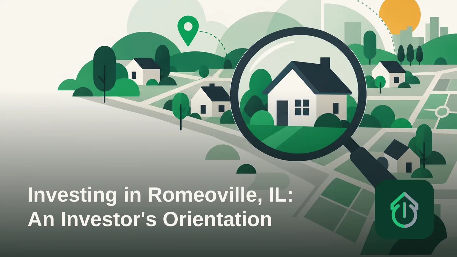 Abstract illustration of a suburban neighborhood grid with a house silhouette and a magnifying glass, symbolizing researching a real estate market.