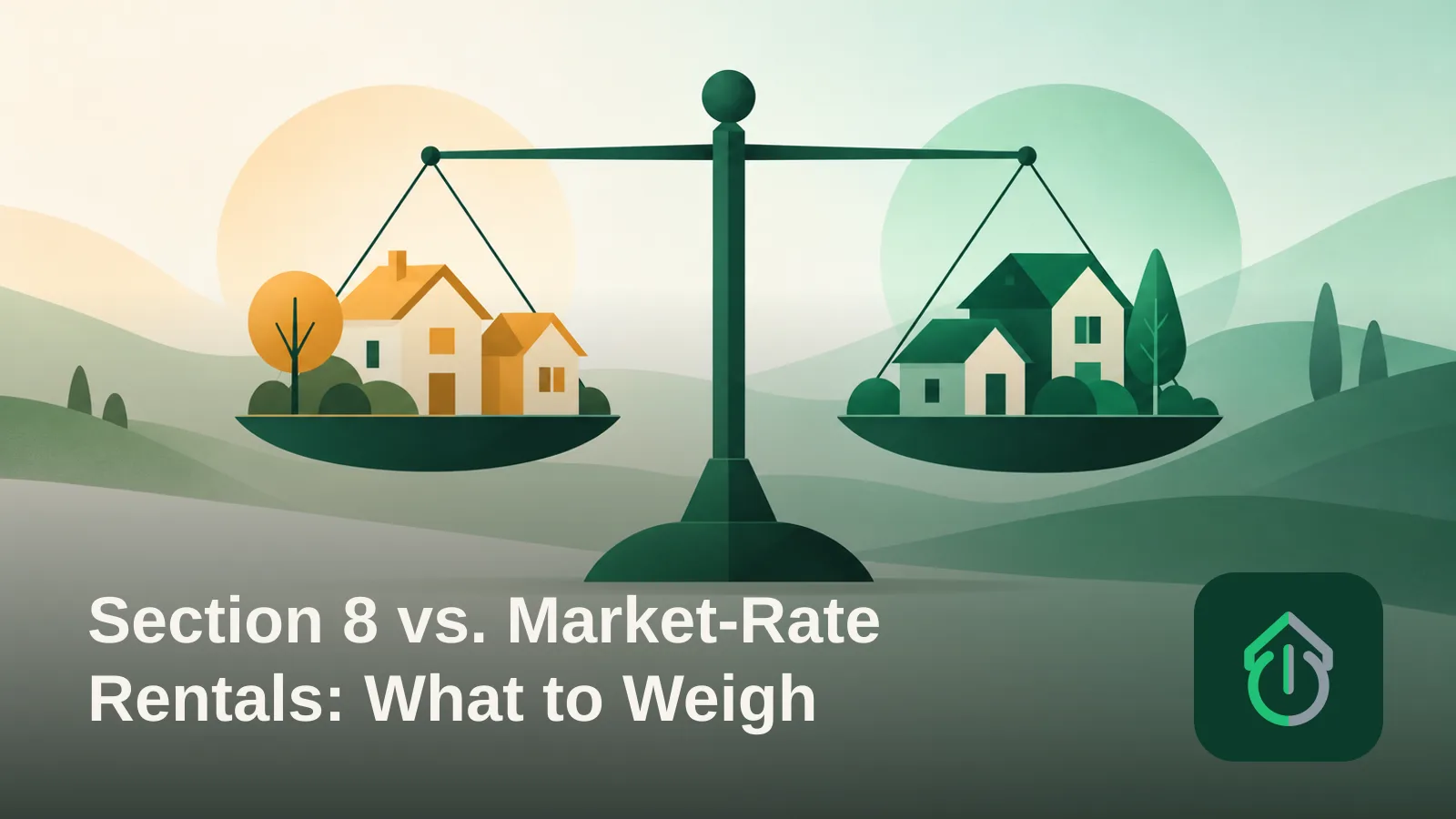 Abstract illustration of two sets of geometric houses balanced on opposite sides of a scale, representing a comparison between two rental approaches.