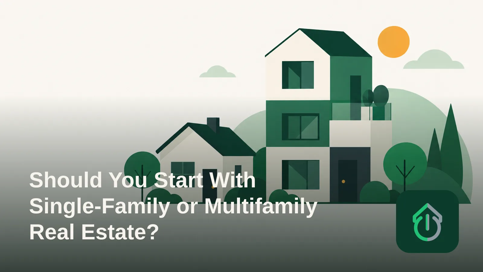Abstract illustration comparing a small single house shape to a taller stacked building shape representing single-family versus multifamily property.