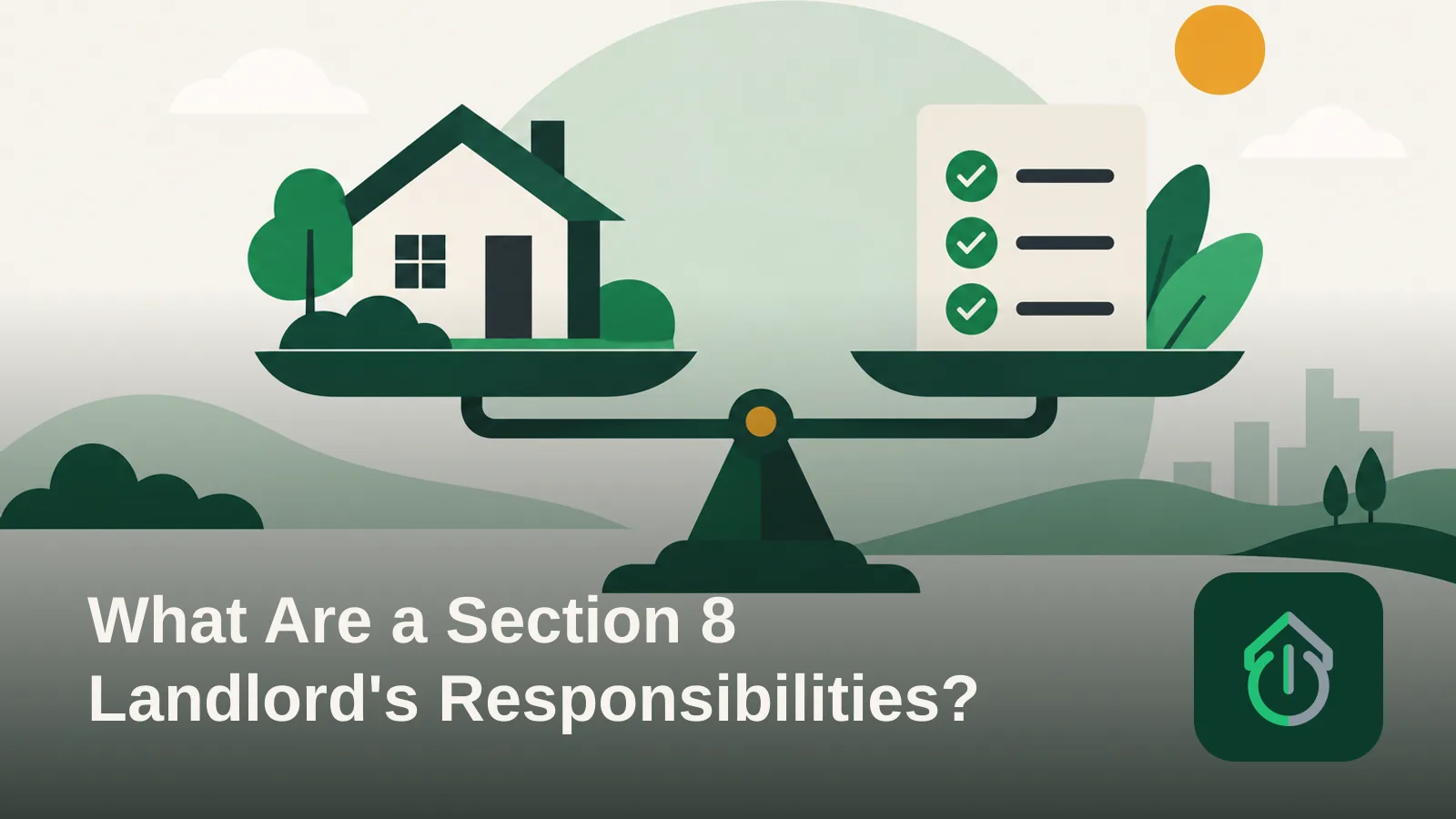 Abstract illustration of a house balanced on a scale against a checklist shape, representing landlord responsibilities and oversight.'