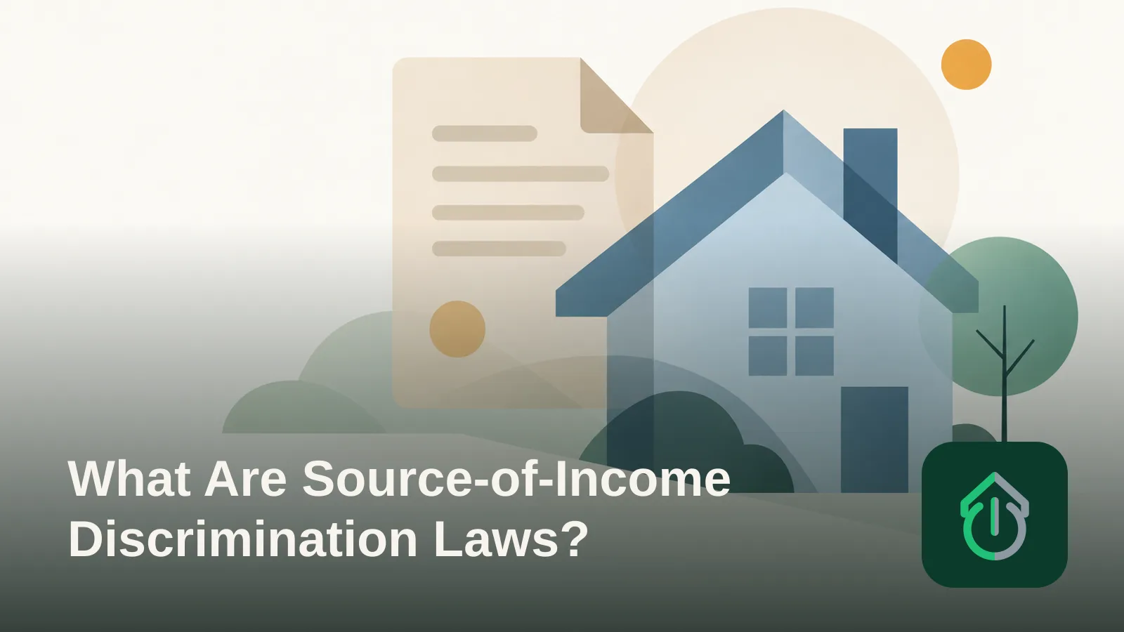 Abstract illustration of a house shape overlapping with a document shape in muted blue and beige tones.