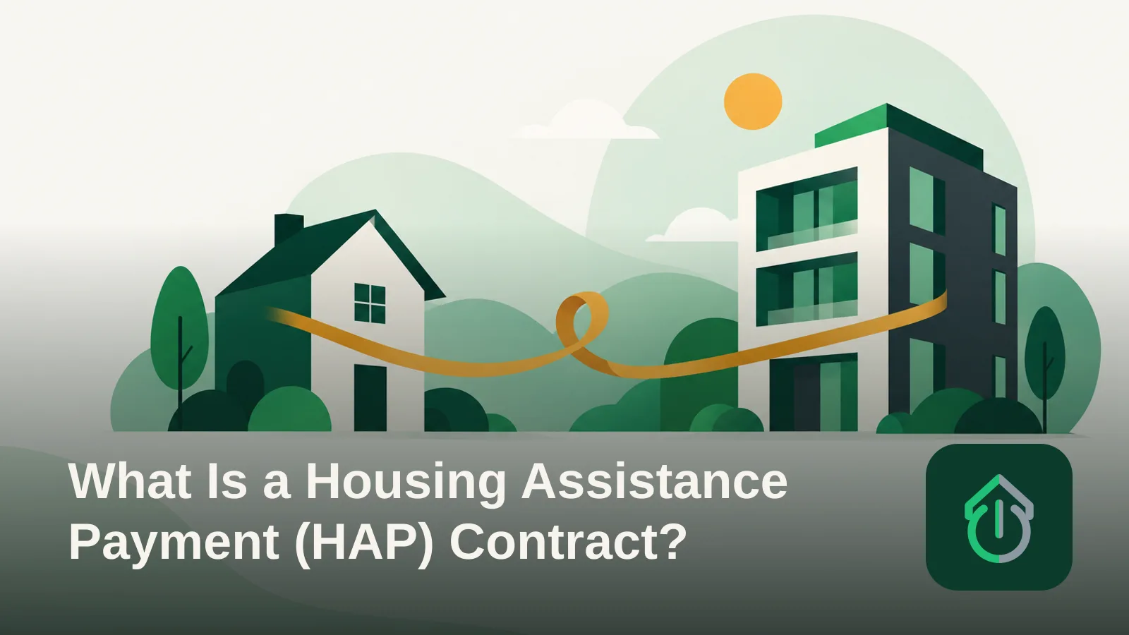 Abstract illustration of two building shapes connected by a flowing ribbon representing a contract between two parties.