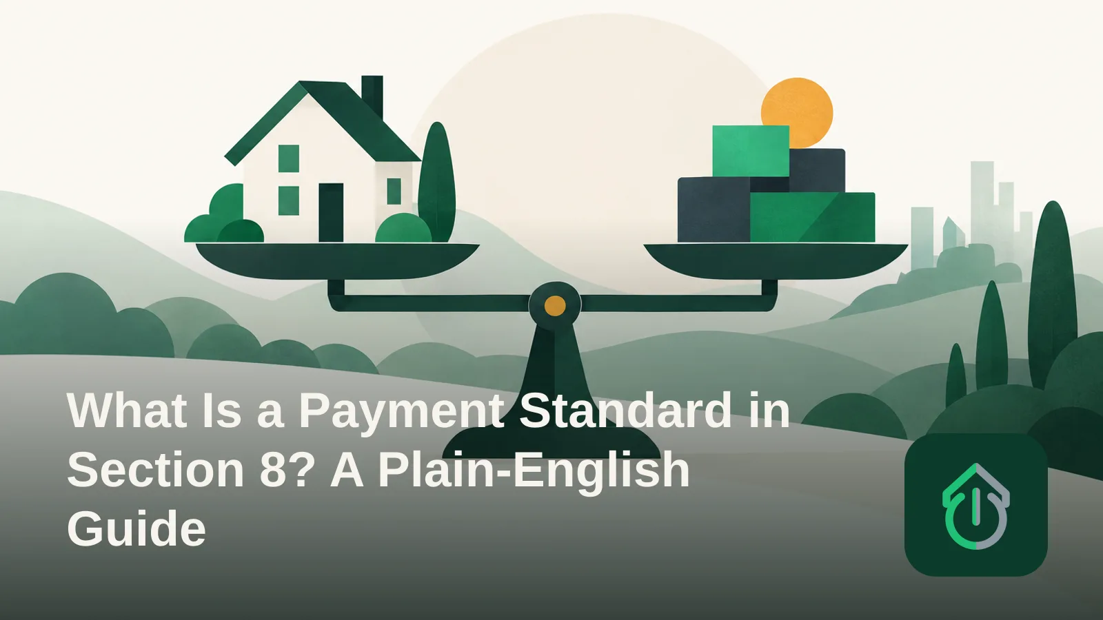 Abstract illustration of a house balanced on a scale against stacked blocks, symbolizing a housing subsidy cap.