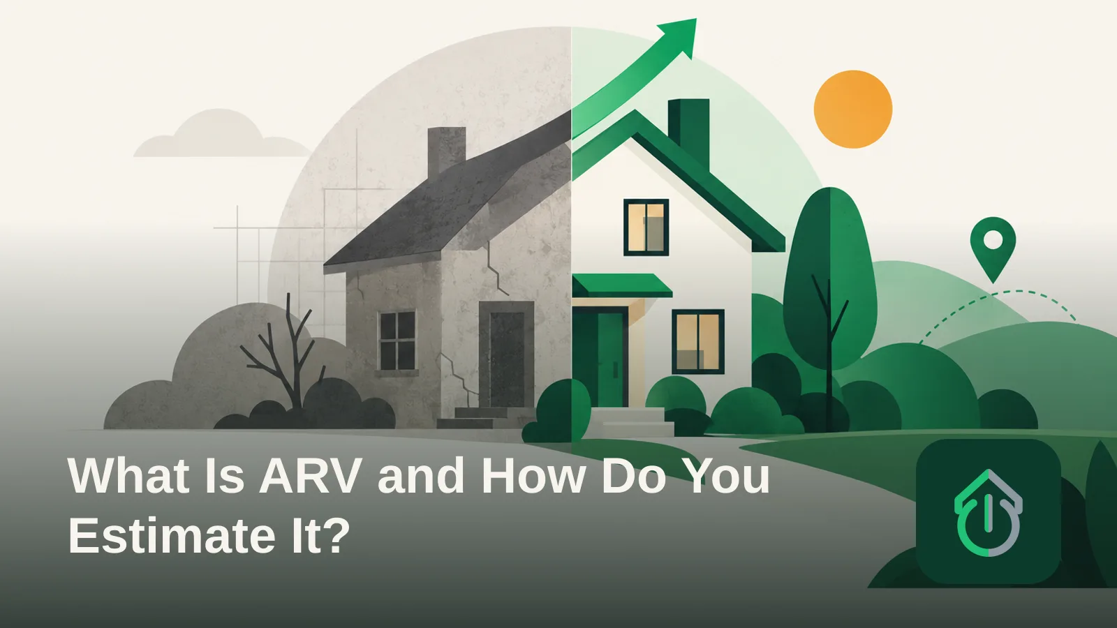 Abstract illustration of a house transitioning from a rough state to a refined state, symbolizing after-repair value.