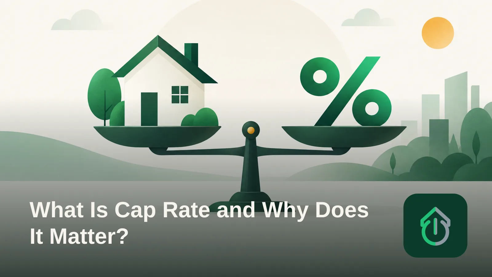 Abstract illustration of a house balanced on a scale against a percentage symbol, representing the concept of cap rate.