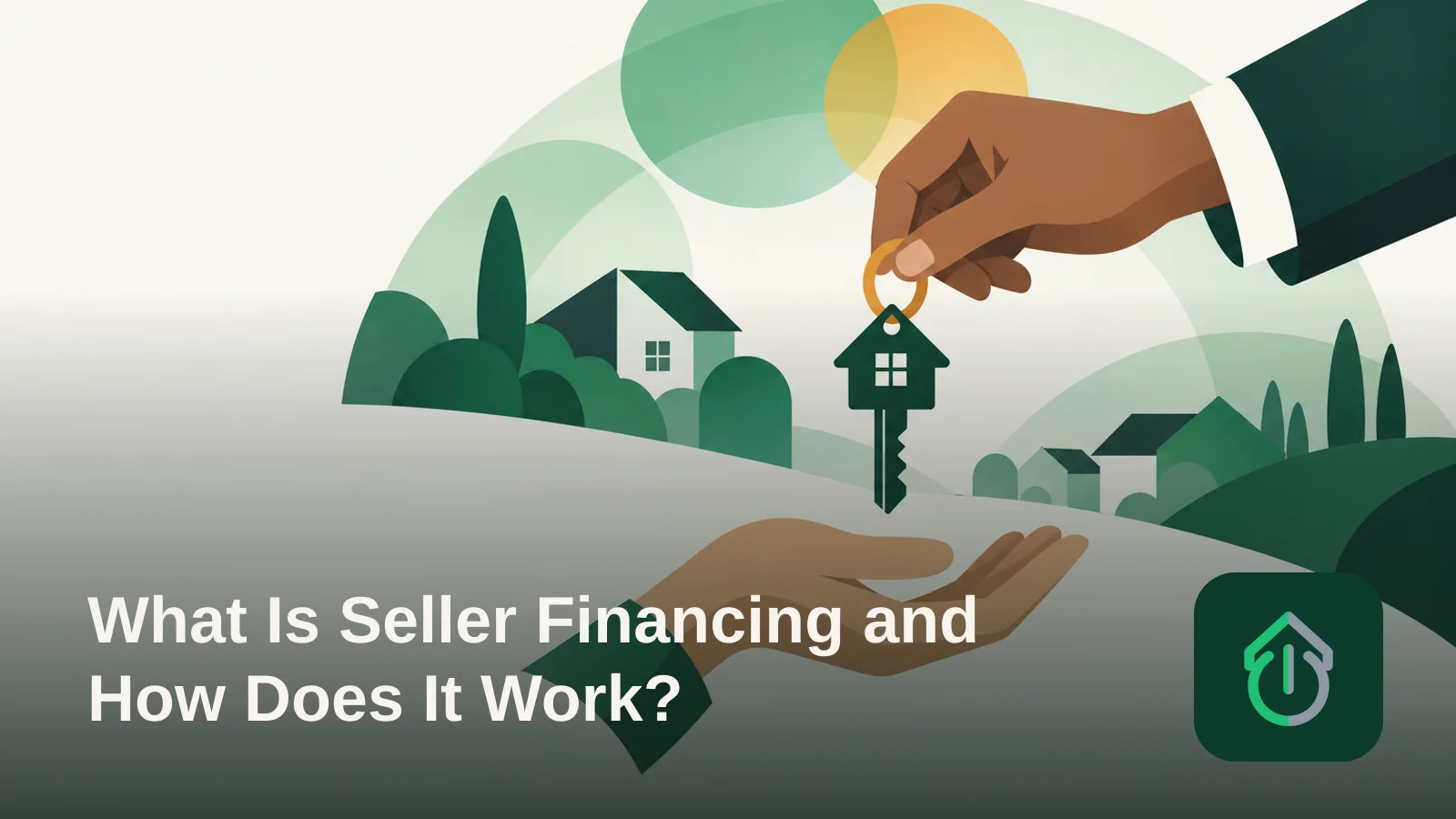 Abstract illustration of two hands exchanging a house-shaped key, representing a private financing agreement between a buyer and seller.