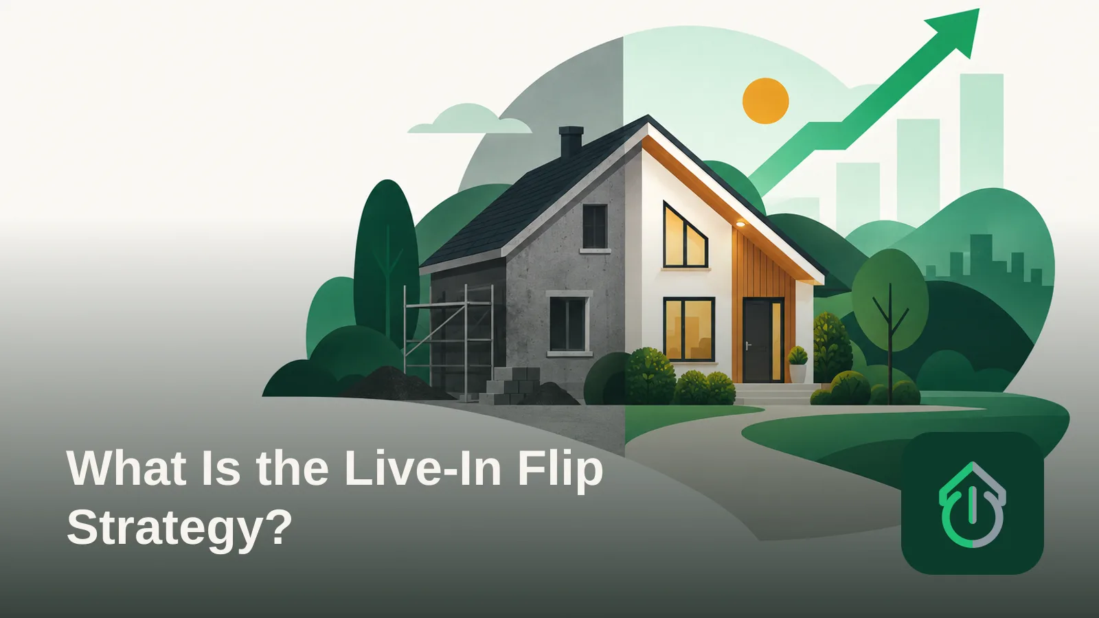 Abstract illustration of a house split between a renovated side and an unfinished side, symbolizing a live-in flip in progress.​