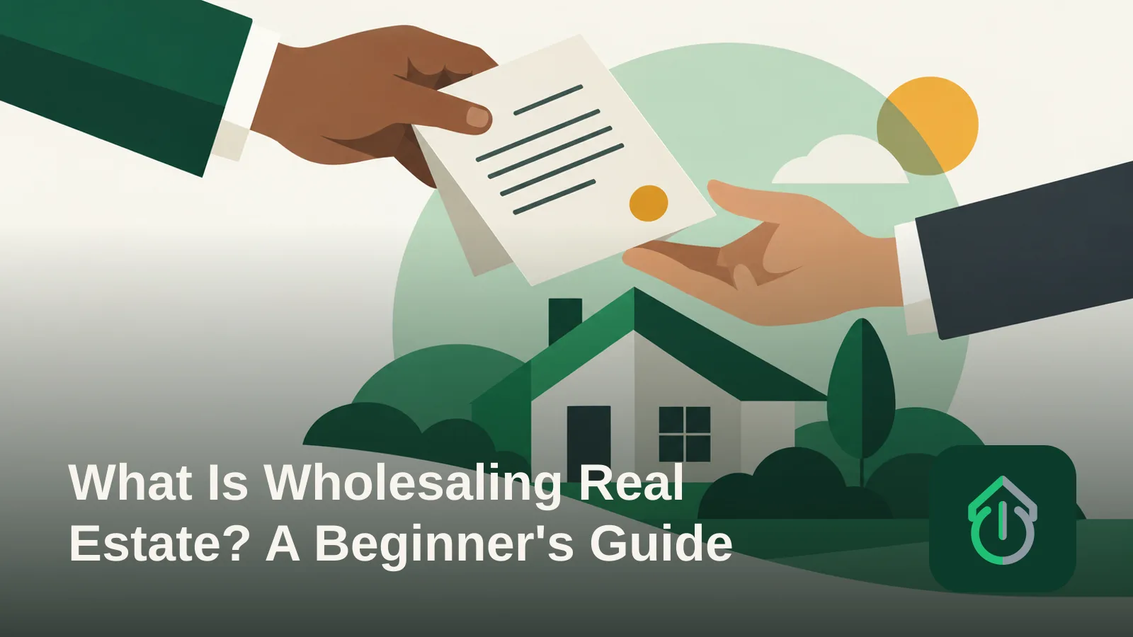 Abstract illustration of a contract being handed off between two parties over a simple house shape, representing a real estate wholesaling transaction.