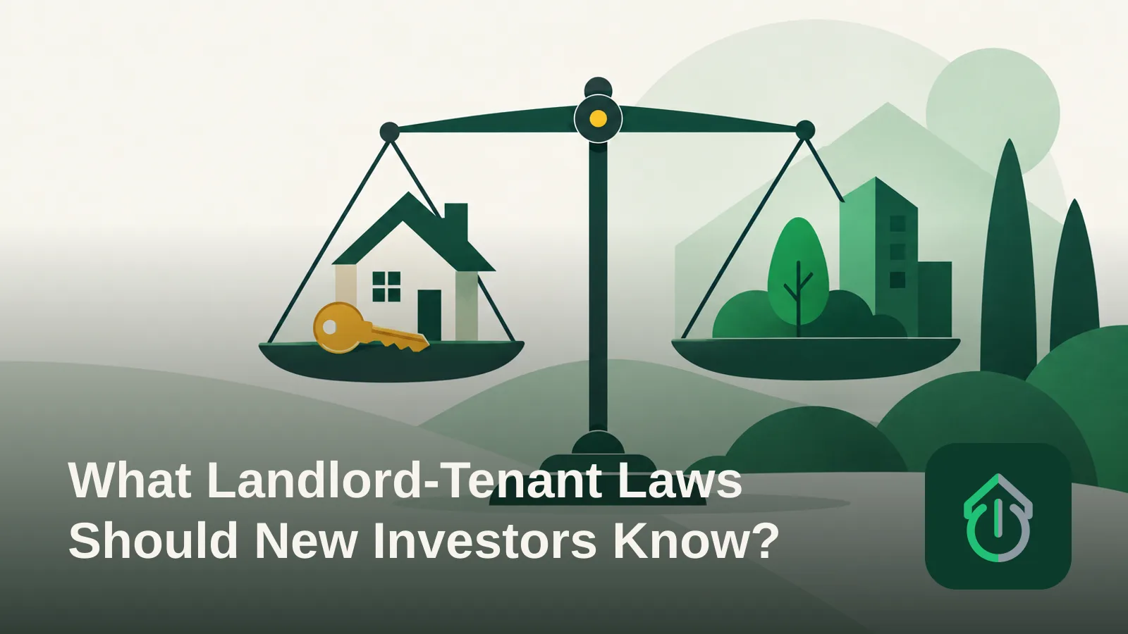 Abstract illustration of a house key balanced on a scale, symbolizing landlord-tenant law.