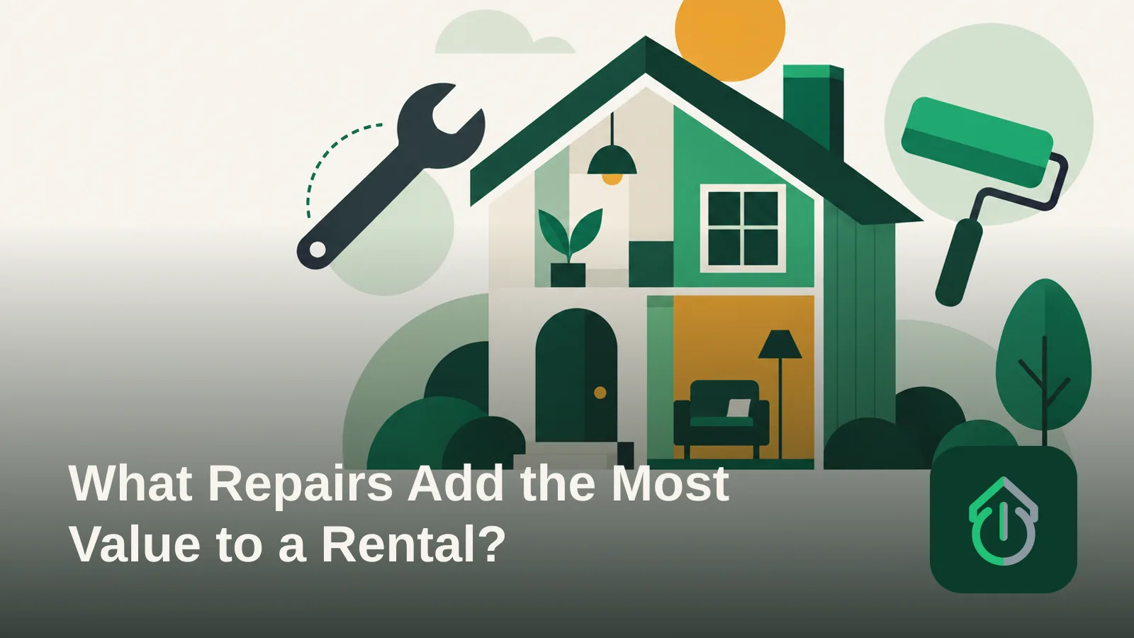 Abstract illustration of a house divided into sections with a wrench and paint roller nearby, representing rental repairs.'